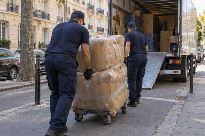 Un fauteuil releveur sous carton épais et ruban adhésif, sur le trottoir d'une rue d'Île-de-France, déménagement de Paris vers la Russie