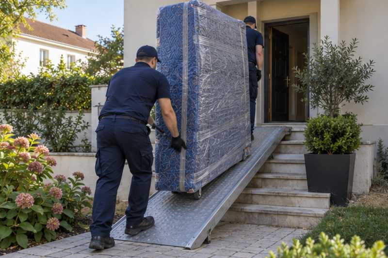 Un grand matelas debout sous couvertures capitonnées et film étirable, devant l'entrée d'une maison de banlieue, déménagement de Paris vers la Russie