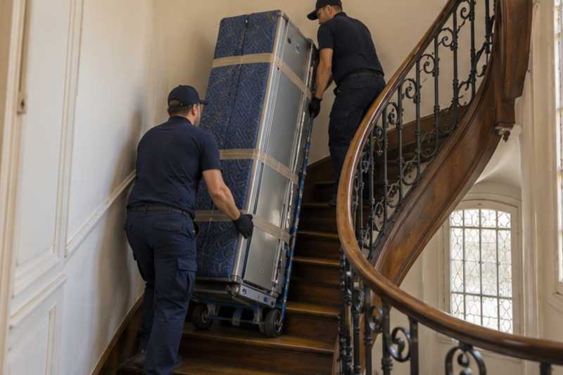 Un réfrigérateur combiné sur un diable sous couverture de déménagement, dans un escalier tournant en bois d'immeuble ancien, déménagement de Paris vers la Russie
