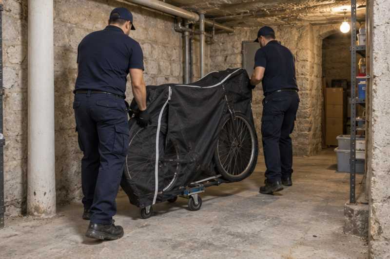 Un vélo de ville sous housse zippée, dans une cave d'immeuble aux murs de pierre, déménagement de Paris vers la Russie