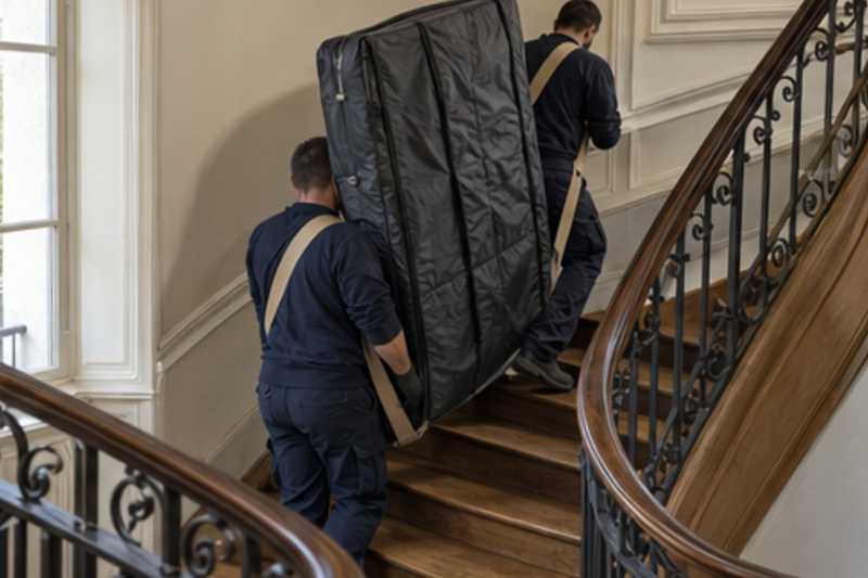 Une armoire démontée en panneaux sous housse zippée, dans un escalier tournant en bois d'immeuble ancien, déménagement de Paris vers le Rwanda