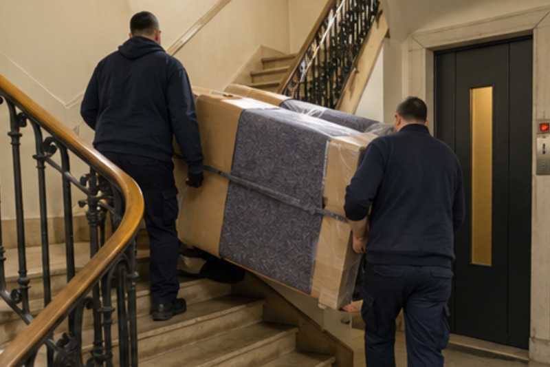 Un canapé trois places sous carton plat et couverture épaisse, dans une cage d'escalier d'immeuble, déménagement de Paris vers le Rwanda