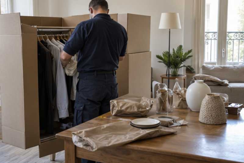Un déménageur range des vêtements dans un carton penderie et emballe des bibelots dans du papier kraft, déménagement de Paris vers le Rwanda