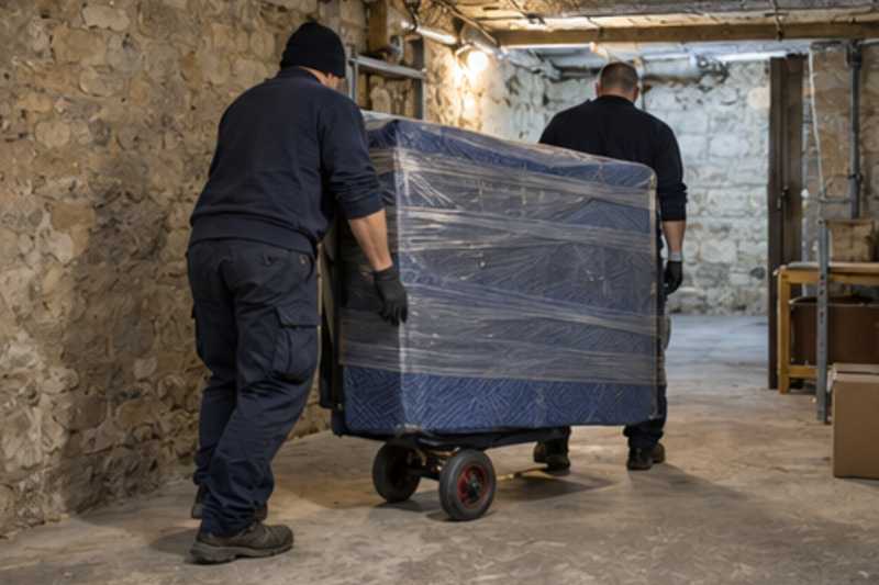 Une commode à six tiroirs sous couvertures capitonnées et film étirable, dans une cave d'immeuble aux murs de pierre, déménagement de Paris vers le Rwanda