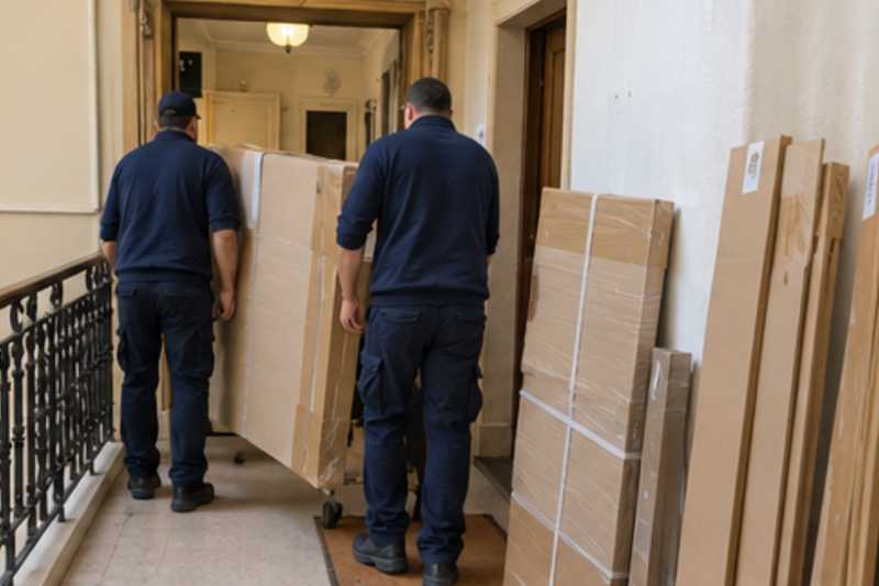 Les éléments d'un lit double démonté sous carton épais et ruban adhésif, sur un palier d'appartement près d'une porte étroite, déménagement de Paris vers le Rwanda