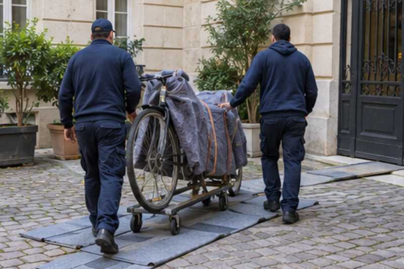 Un vélo de ville sous couverture de déménagement, dans la cour pavée d'un immeuble ancien d'Île-de-France, déménagement de Paris vers le Rwanda
