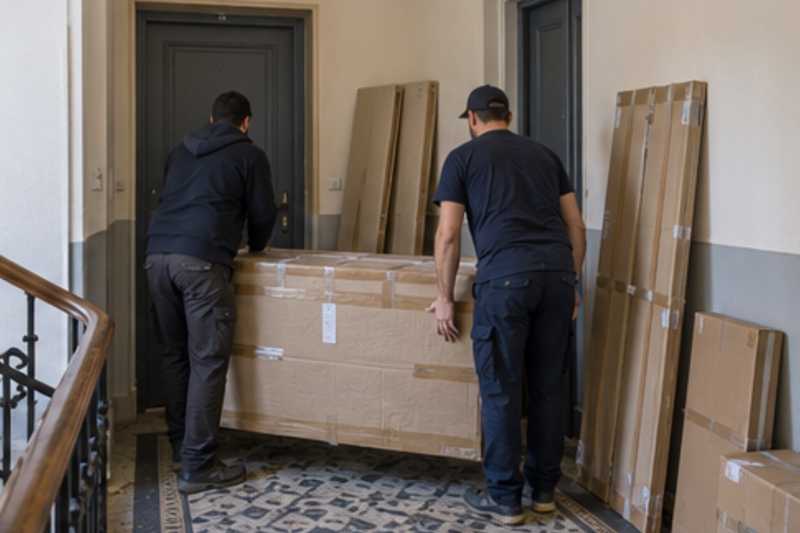 Un buffet bas sous carton épais et ruban adhésif, sur un palier d'appartement près d'une porte étroite, déménagement de Paris vers les Seychelles