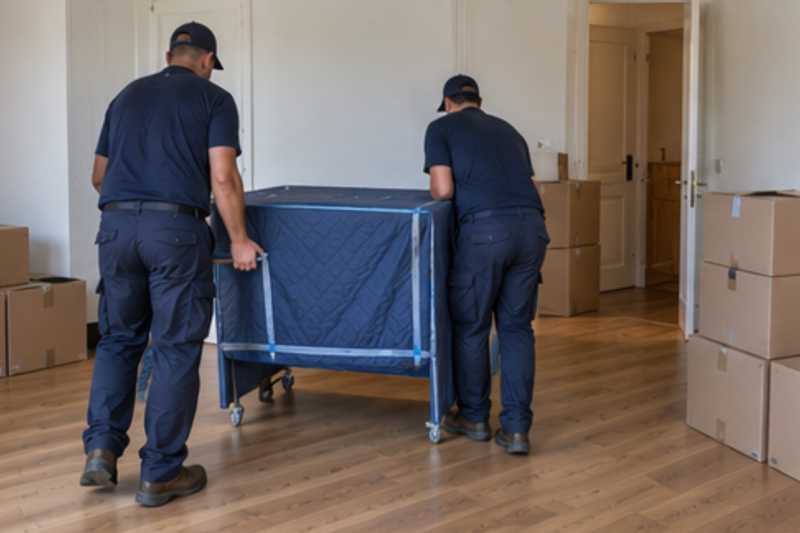 Un bureau compact sous housse zippée, dans un appartement presque vide, déménagement de Paris vers les Seychelles