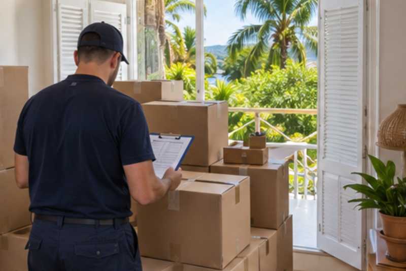 Une personne de dos vérifie un inventaire imprimé posé sur une pile de cartons fermés, déménagement de Paris vers les Seychelles
