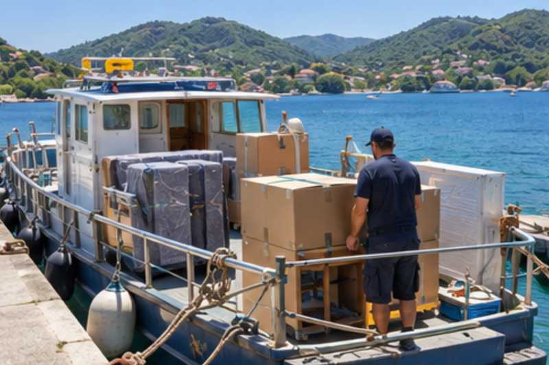 Deux manutentionnaires chargent des cartons numérotés et un meuble emballé de couvertures sur le pont d'un petit bateau de cargaison amarré à un quai en béton, déménagement de Paris vers les Seychelles