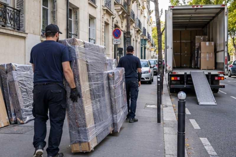 Les éléments d'un lit double démonté sous feutrine et film étirable, sur le trottoir d'une rue d'Île-de-France, déménagement de Paris vers les Seychelles