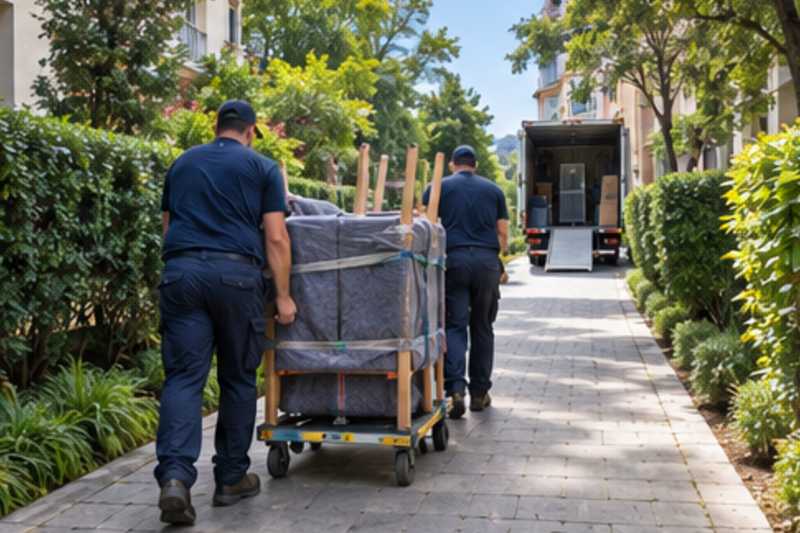 Une table et des chaises sous couverture de déménagement, sur une longue allée piétonne de résidence, déménagement de Paris vers les Seychelles