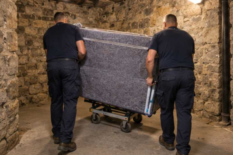 Un grand téléviseur écran plat sous couverture de déménagement, dans une cave d'immeuble aux murs de pierre, déménagement de Paris vers les Seychelles