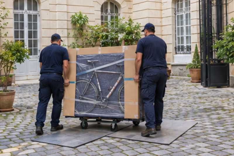 Un vélo de ville sous carton plat et couverture épaisse, dans la cour pavée d'un immeuble ancien d'Île-de-France, déménagement de Paris vers les Seychelles