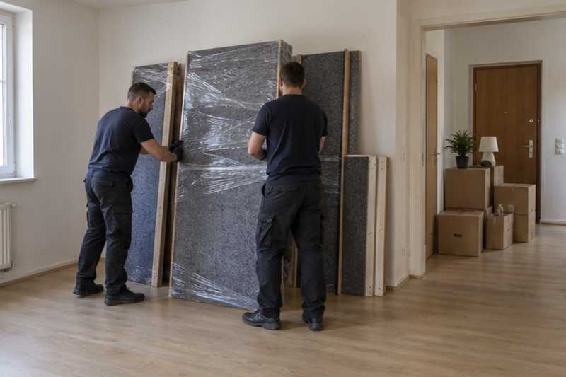 Une armoire démontée en panneaux sous feutrine et film étirable, dans un appartement presque vide, déménagement de Paris vers la Slovaquie