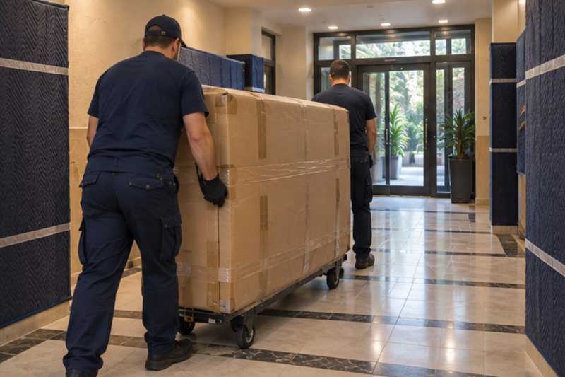 Un canapé convertible sous carton épais et ruban adhésif, dans le hall d'une résidence aux murs protégés par des panneaux de déménagement, déménagement de Paris vers la Slovaquie