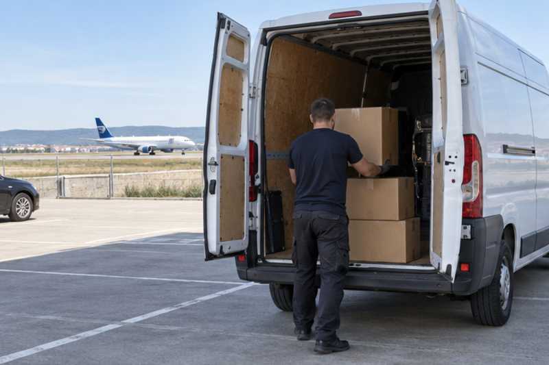 Sur le parking d'un aéroport par temps clair, déménagement de Paris vers la Slovaquie