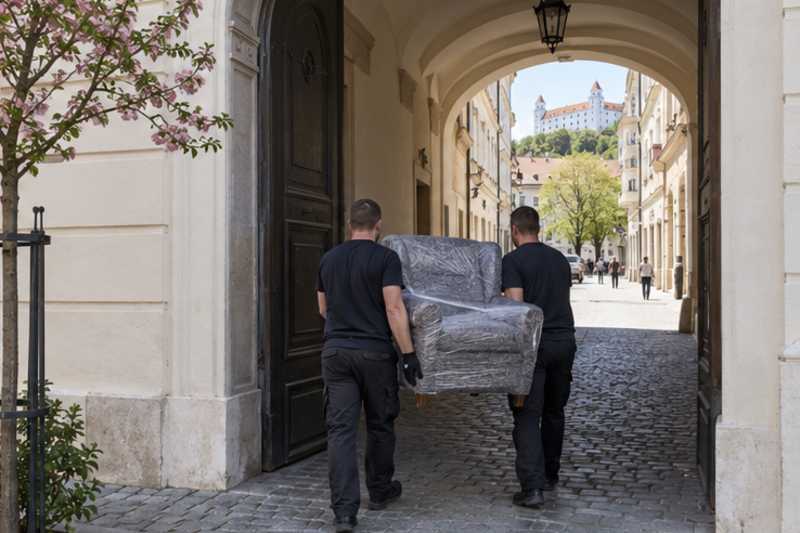 Dans une rue du centre de Bratislava aux façades pastel, déménagement de Paris vers la Slovaquie