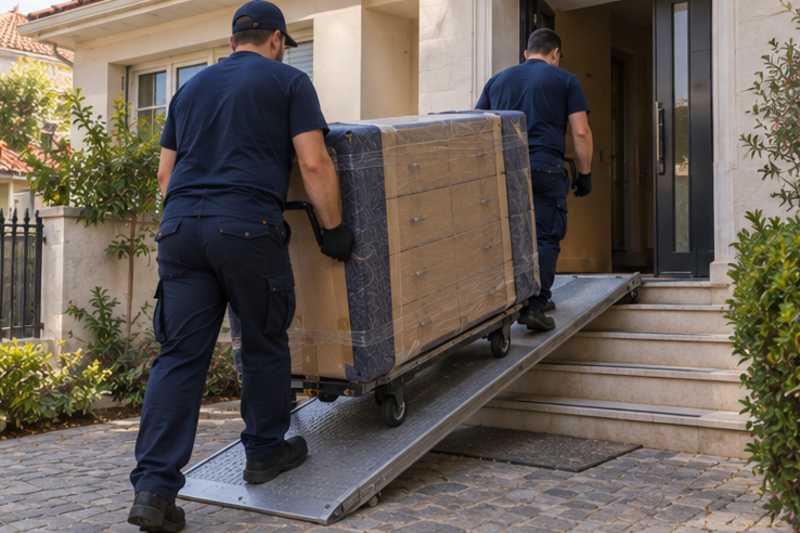Une commode à six tiroirs sous carton plat et couverture épaisse, devant l'entrée d'une maison de banlieue, déménagement de Paris vers la Slovaquie