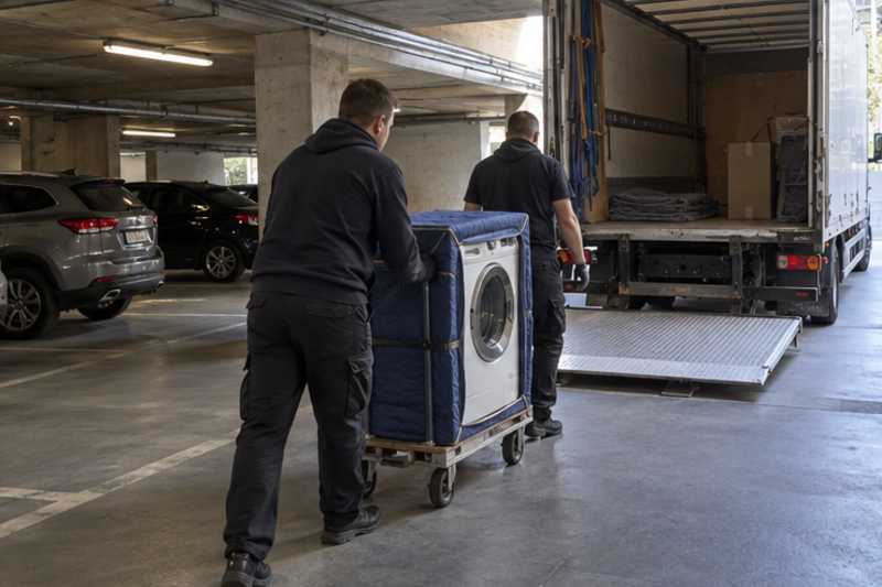 Un lave-linge sur un diable sous housse zippée, dans un parking souterrain de résidence, déménagement de Paris vers la Slovaquie