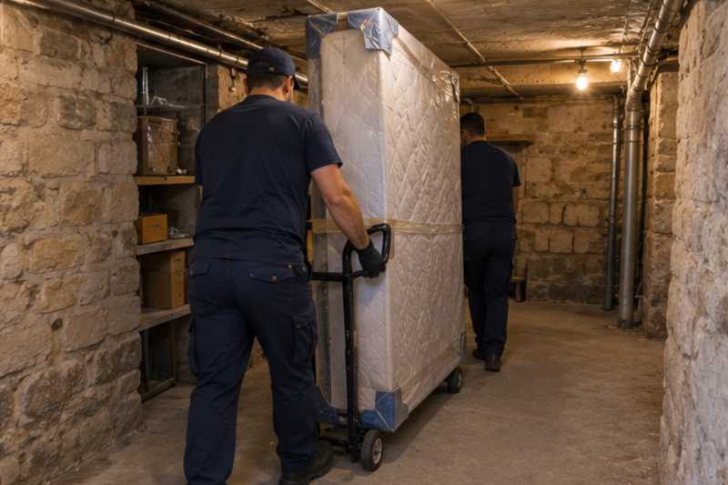 Un grand matelas debout avec protections d'angles, dans une cave d'immeuble aux murs de pierre, déménagement de Paris vers la Slovaquie