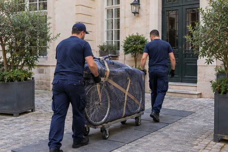 Un vélo de ville sous couverture de déménagement, dans la cour pavée d'un immeuble ancien d'Île-de-France, déménagement de Paris vers la Slovaquie