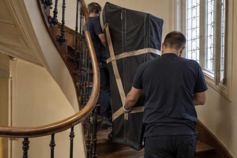 Les montants d'une bibliothèque démontée sous housse zippée, dans un escalier tournant en bois d'immeuble ancien, déménagement de Paris vers Tel-Aviv