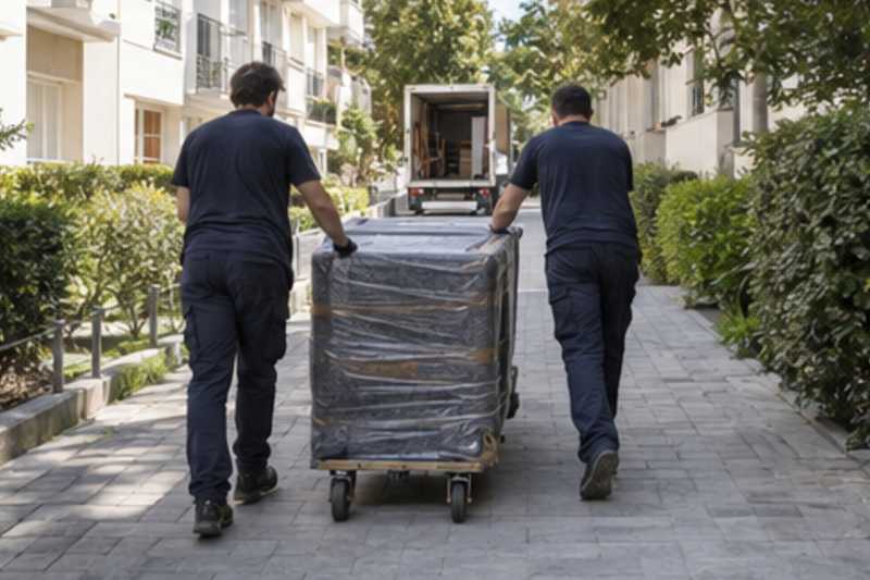 Un bureau compact sous couvertures capitonnées et film étirable, sur une longue allée piétonne de résidence, déménagement de Paris vers Tel-Aviv