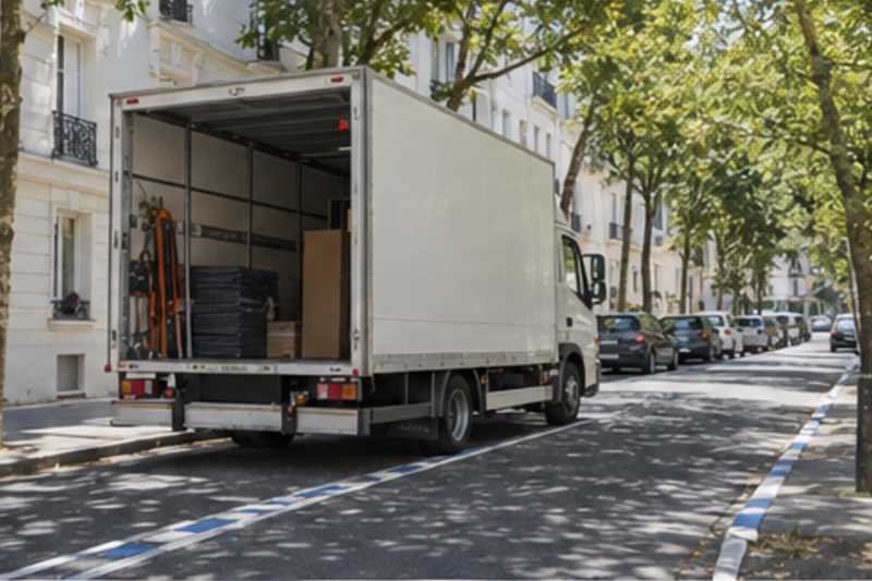 Un camion de déménagement stationné le matin le long d'une bordure peinte en bleu et blanc dans une rue bordée d'arbres et d'immeubles blancs, déménagement de Paris vers Tel-Aviv