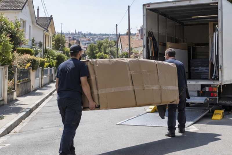 Un canapé trois places sous carton épais et ruban adhésif, dans une rue en pente de banlieue pavillonnaire, déménagement de Paris vers Tel-Aviv