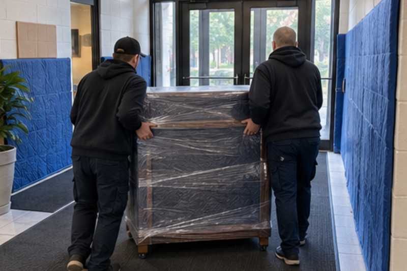 Une commode à six tiroirs sous feutrine et film étirable, dans le hall d'une résidence aux murs protégés par des panneaux de déménagement, déménagement de Paris vers Tel-Aviv