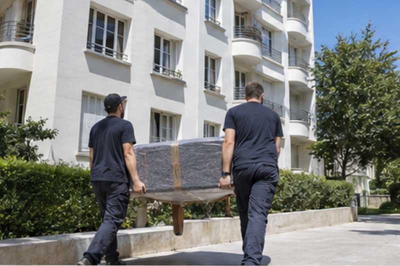 Deux déménageurs portent une table emballée devant un immeuble blanc de style moderniste des années 1930 aux balcons arrondis, déménagement de Paris vers Tel-Aviv