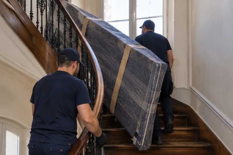 Les montants d'une bibliothèque démontée sous feutrine et film étirable, dans un escalier tournant en bois d'immeuble ancien, déménagement de Paris vers l'Ukraine