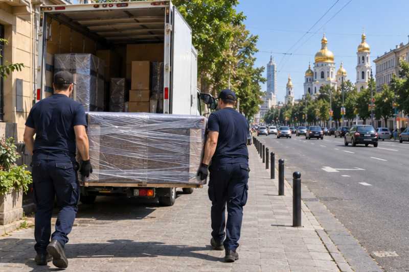 Sur une avenue large de Kiev en plein jour, déménagement de Paris vers l'Ukraine