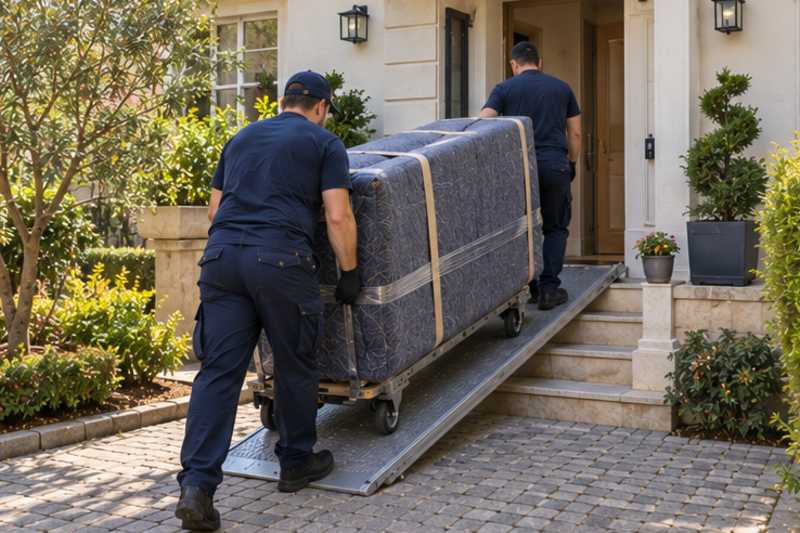 Un canapé convertible sous couverture de déménagement, devant l'entrée d'une maison de banlieue, déménagement de Paris vers l'Ukraine