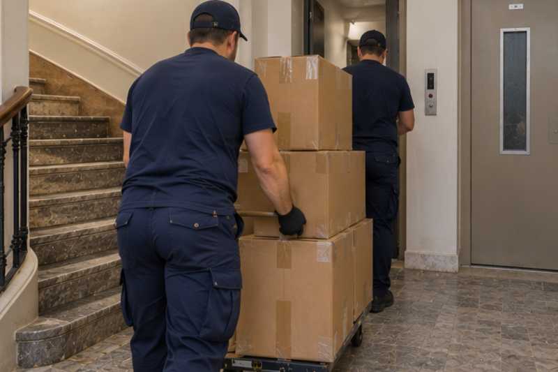 Une pile de cartons de déménagement fermés, dans une cage d'escalier d'immeuble, déménagement de Paris vers l'Ukraine