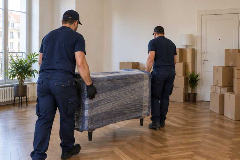 Un meuble TV bas sous couvertures capitonnées et film étirable, dans un appartement presque vide, déménagement de Paris vers l'Ukraine