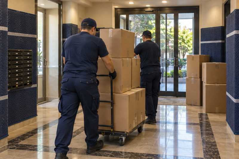 Une pile de cartons de déménagement fermés, dans le hall d'une résidence aux murs protégés par des panneaux de déménagement, déménagement de Paris vers l'Ukraine