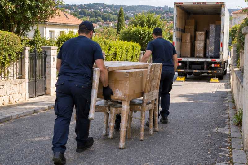 Une table et des chaises sous carton épais et ruban adhésif, dans une rue en pente de banlieue pavillonnaire, déménagement de Paris vers l'Ukraine